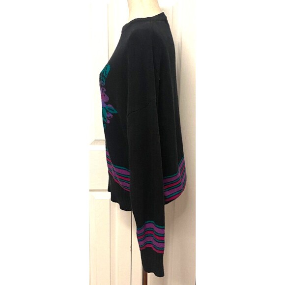 Vtg YORK FAIR Women's L Knit Crew Neck Sweater Black Purple Floral Wool Blend - Picture 4 of 6